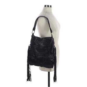 Handmade black leather Y2K boho Fringe moto shoulder bag